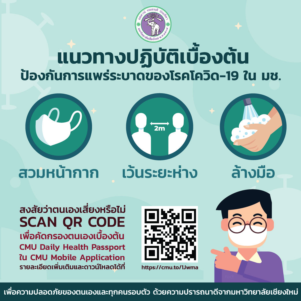 
	แนวทางปฏิบัติเบื้องต้นเพื่อป้องกันการแพร่ระบาดของโรคโควิด-19 ในมหาวิทยาลัยเชียงใหม่
