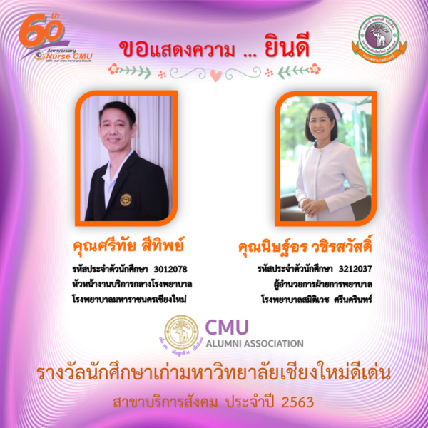 
	รางวัลนักศึกษาเก่ามหาวิทยาลัยเชียงใหม่ดีเด่น สาขาบริการสังคม ประจำปี 2563
