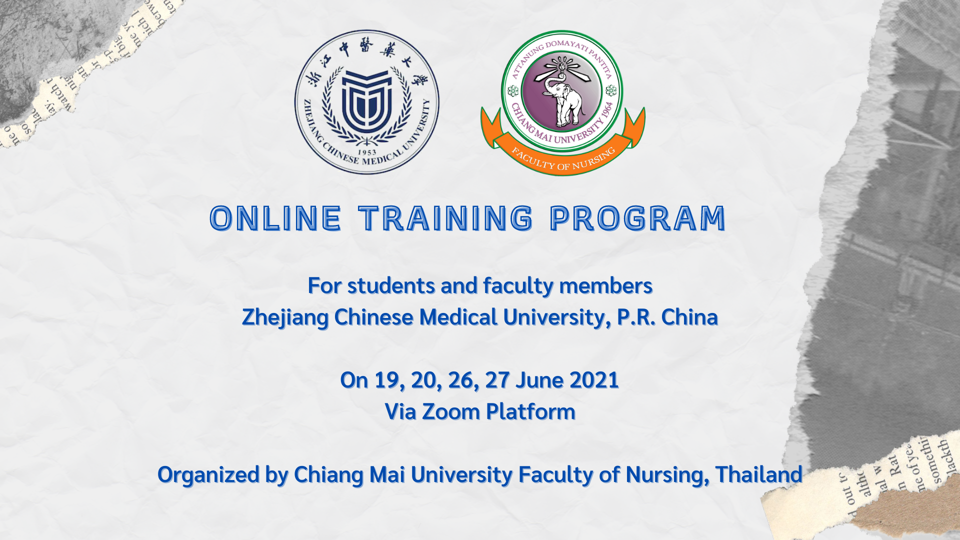
	อบรมออนไลน์แก่คณาจารย์และนักศึกษา Zhejiang Chinese Medical University สาธารณรัฐประชาชนจีน
